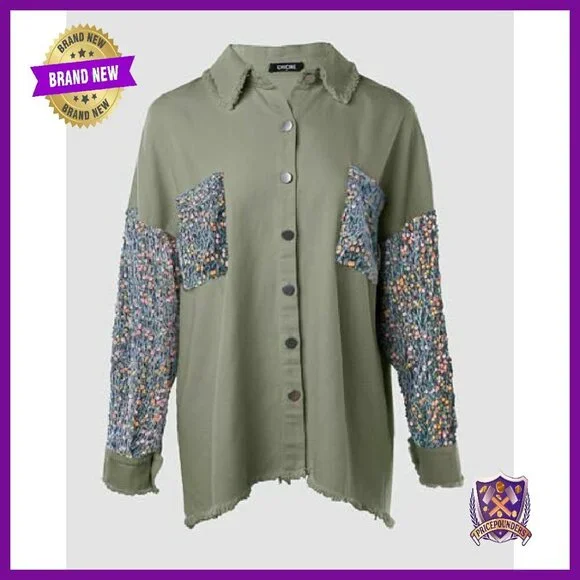 Oversized Denim Shacket with Sequin Patchwork Long Sleeves - Picture 6 of 8